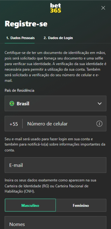 Captura de tela do processo de cadastro no Bet365, exibindo os campos para inserir informações pessoais como nome, sobrenome, celular e e-mail, além da opção de selecionar o gênero e país de residência