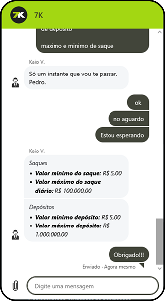 Atendimento da Bet7K mostrando conversa no chat sobre valores de saque