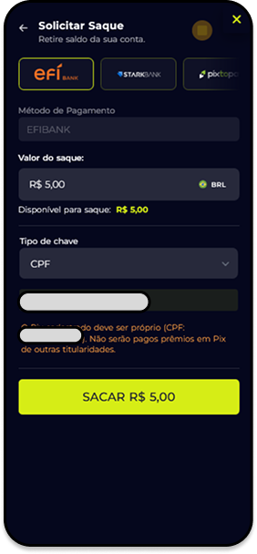 Saque via Pix na Bet7K mostrando saldo disponível de 5 reais