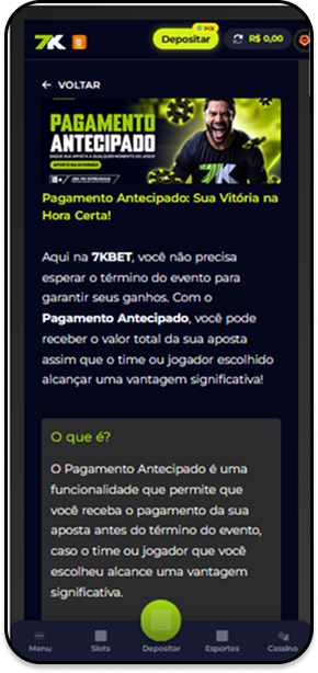 Pagamento antecipado da Bet7K explicando como receber os ganhos antes do fim da partida caso o time ou jogador alcance vantagem.