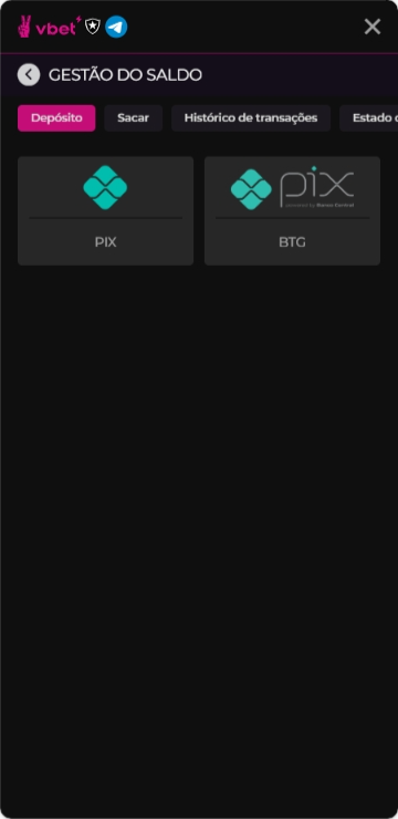 Página de depósito na Vbet com pagamentos por Pix ou BTG