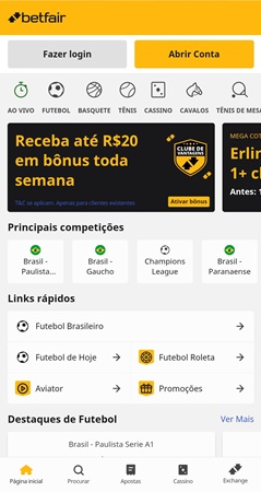 Página inicial da Betfair destacando o clube de vantagens