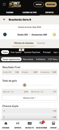 Tela inicial da BetMGM com jogos do Brasileirão Série A em destaque, como Corinthians vs Vasco e Ceará vs Grêmio