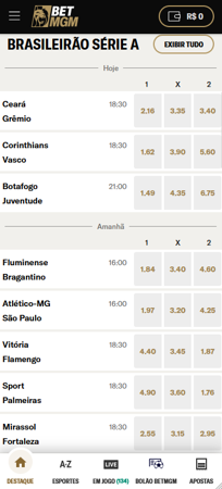 Tela do site de apostas BetMGM apresentando jogos e odds para apostas no Brasileirão Série A