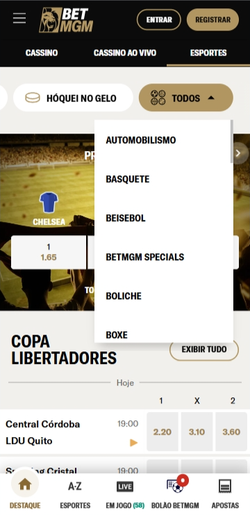Página de esportes no BetMGM app