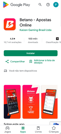 Download do aplicativo Betano para apostas esportivas na Google Play Store.