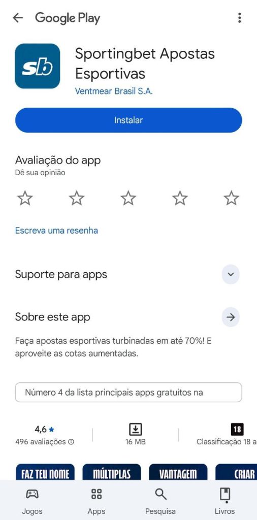 Aplicativo da Sportingbet para download no Google Play