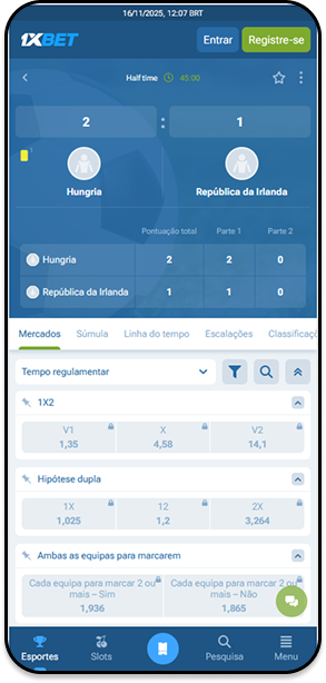 Mercados de apostas na 1xbet para Hungria e República da Irlanda