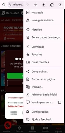 Página do Chrome com a opção de Adicionar o Bateubet à tela Inicial