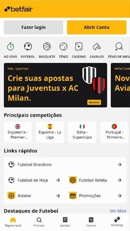 Página principal da Betfair no site móvel