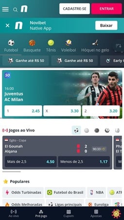 página de esportes do site mobile da Novibet