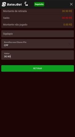 Página de retirada de saldo no site da casas de apostas Bateubet
