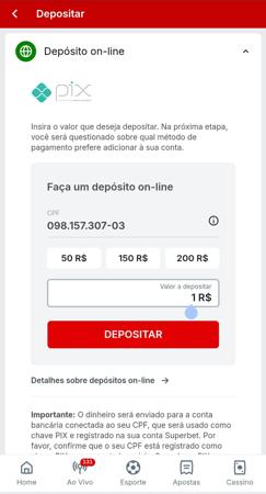 Tela de depósito online na Superbet exibindo campos para CPF e valores de depósito com destaque para a opção Pix