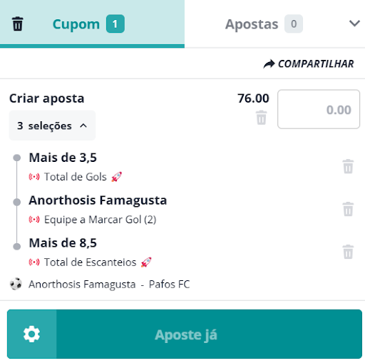 Cupom com palpites usando o Criar Aposta na Novibet