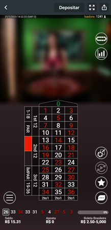 Interface de roleta brasileira online com números e valores em Reais