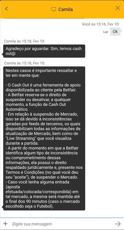 Conversa no chat de atendimento ao cliente da Betfair, em que um agente confirma a disponibilidade da função Cash Out
