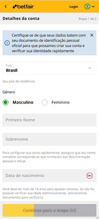 Tela de cadastro no aplicativo da Betfair, mostrando campos para preenchimento de dados pessoais, incluindo nome, sobrenome e data de nascimento