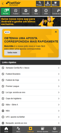 Tela do Betfair Exchange no aplicativo, exibindo apostas esportivas ao vivo e a recursos como MatchMe para correspondência de apostas mais rápida.