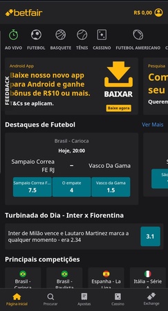 Página inicial do aplicativo da Betfair com destaques de futebol, principais competições e promoções para novos usuários