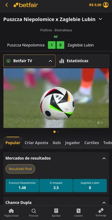 Página de uma partida de futebol ao vivo na plataforma da Betfair, mostrando placar, estatísticas e opções de apostas em tempo real