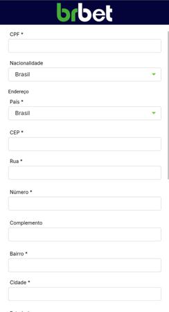 Formulário de cadastro do BrBet solicitando informações como CPF, endereço, e dados pessoais.