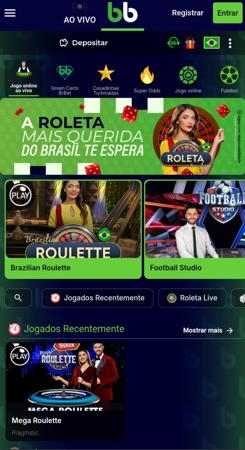 Interface do cassino ao vivo do BrBet, apresentando jogos como Brazilian Roulette e Football Studio.