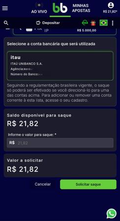 Tela de solicitação de saque no BrBet, exibindo informações sobre conta bancária e saldo disponível.