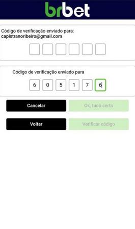 Tela de verificação do BrBet solicitando código enviado por e-mail ou SMS para confirmação de conta.