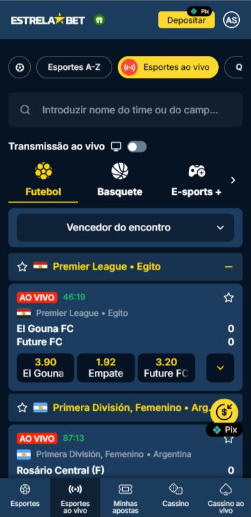 Página de esportes ao vivo na EstrelaBet com saque imediato