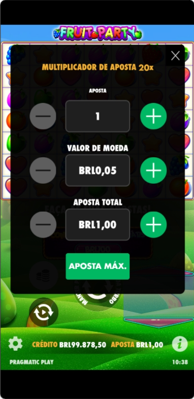 Configurações de aposta no Fruit Party pelo celular
