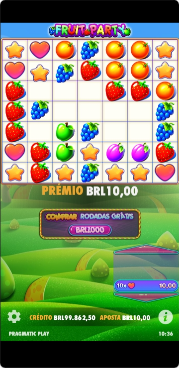 Página do Fruit Party com modo de queda ativado
