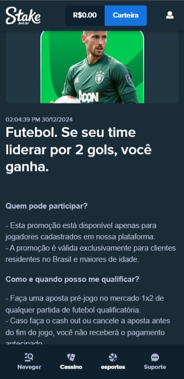 Promoção de futebol com 2 Gols de vantagem Stake