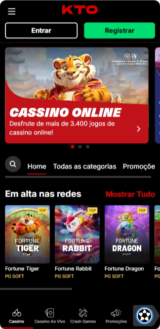 Página principal do cassino no site da KTO  com banner em destaque