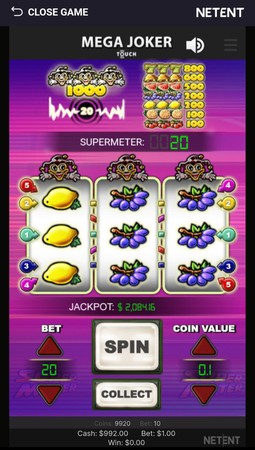 Modo Supermeter do slot Mega Joker da NetEnt, destacando prêmios maiores e o símbolo do coringa que pode render até 1000 moedas