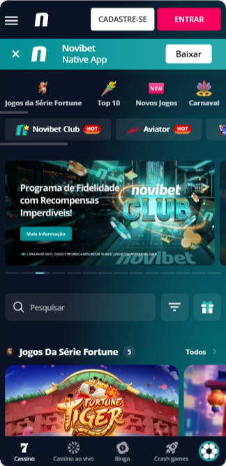 Página principal do cassino no app da Novibet para Android