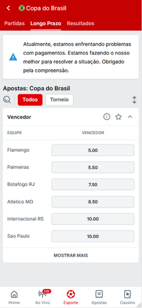 Tela de apostas da Copa do Brasil na Superbet, exibindo odds para os principais times brasileiros, como Flamengo, Palmeiras e São Paulo