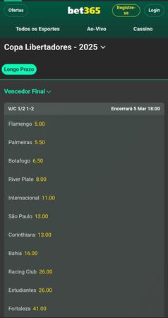Cotações da Bet365 para o campeão da Copa Libertadores 2025, mostrando Flamengo, Palmeiras, Botafogo e outros times