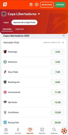 Tela da Betano com as odds para o vencedor da Libertadores 2025, incluindo Flamengo, River Plate e Corinthians