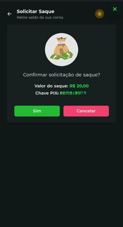 Tela de solicitação de saque via Pix na HanzBet. Valor de R$ 20 disponível para retirada