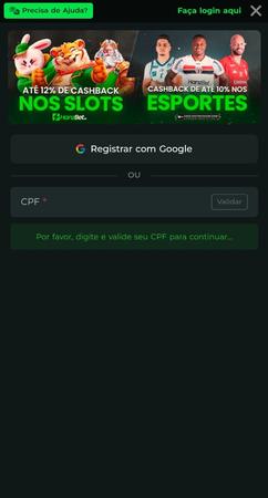 Tela de registro da HanzBet com opção de login via Google e CPF. Banner promocional de cashback em slots e esportes