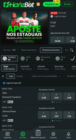 Tela principal da HanzBet com destaque para apostas nos estaduais e bônus de Freebet. Exibição de partidas ao vivo e próximos eventos esportivos disponíveis para apostas