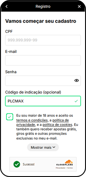 Área de cadastro na KTO com espaço para o código de indicação KTO