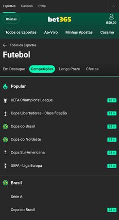 Tela do site de apostas Bet365 exibindo a seção de competições de futebol. A Copa Libertadores da América aparece destacada na lista com a categoria "Popular"
