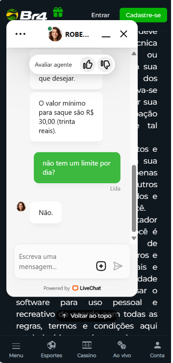 Janela de bate-papo com atendimento ao vivo no chat da Br4bet
