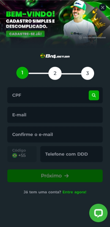 Formulário de cadastro no site da Br4bet 