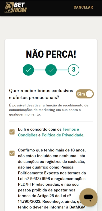 Cadastro na BetMGM Brasil