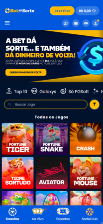 Tela inicial do site BetdaSorte com destaque para bônus de cashback e rodadas grátis. Mostra categorias de jogos como Fortune Tiger, Aviator e Crash.