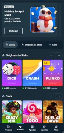 Tela do cassino online Stake apresentando jogos originais como Dice, Crash e Plinko