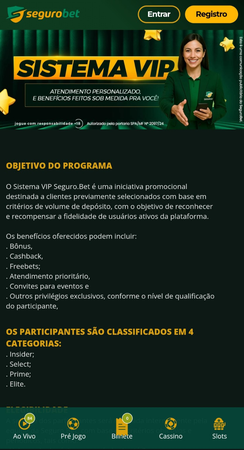 Página do Sistema VIP da SeguroBet com imagem promocional e explicação dos benefícios, como bônus, cashback, atendimento prioritário e eventos exclusivos.
