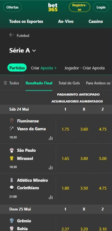 Tela de apostas da Série A no site da Bet365 com odds para Fluminense x Vasco, São Paulo x Mirassol e outros jogos